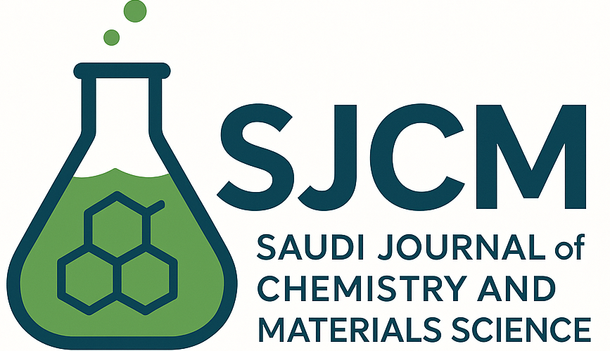 "Logo of the Saudi Journal of Chemistry and Materials Science, featuring a laboratory flask with a molecular structure inside and the acronym SJCM in bold lettering."
